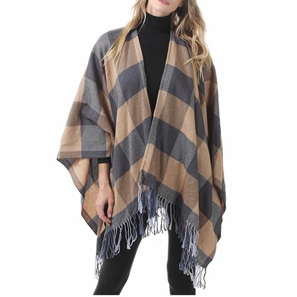 Plaid Open Front Blanket Shawl Scarf Wrap Poncho - Picture 5 of 5